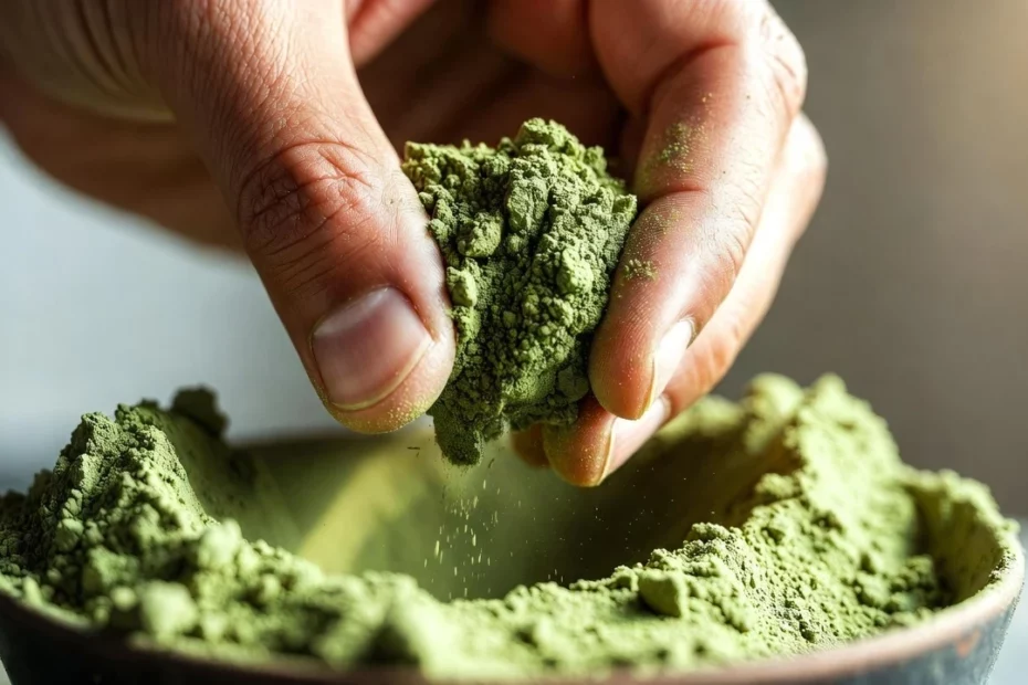 Fingers pinching and crumbling clumpy kratom powder over a ceramic bowl