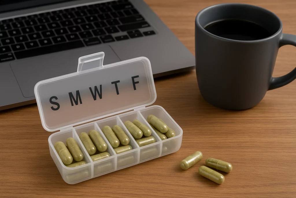 Open weekly pill organizer filled with green kratom capsules next to laptop and black coffee mug on wooden desk