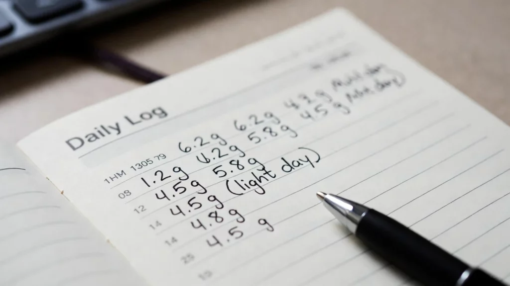 Open notebook with handwritten kratom dosage entries in grams ranging from 4.5 g to 6.2 g alongside a resting pen