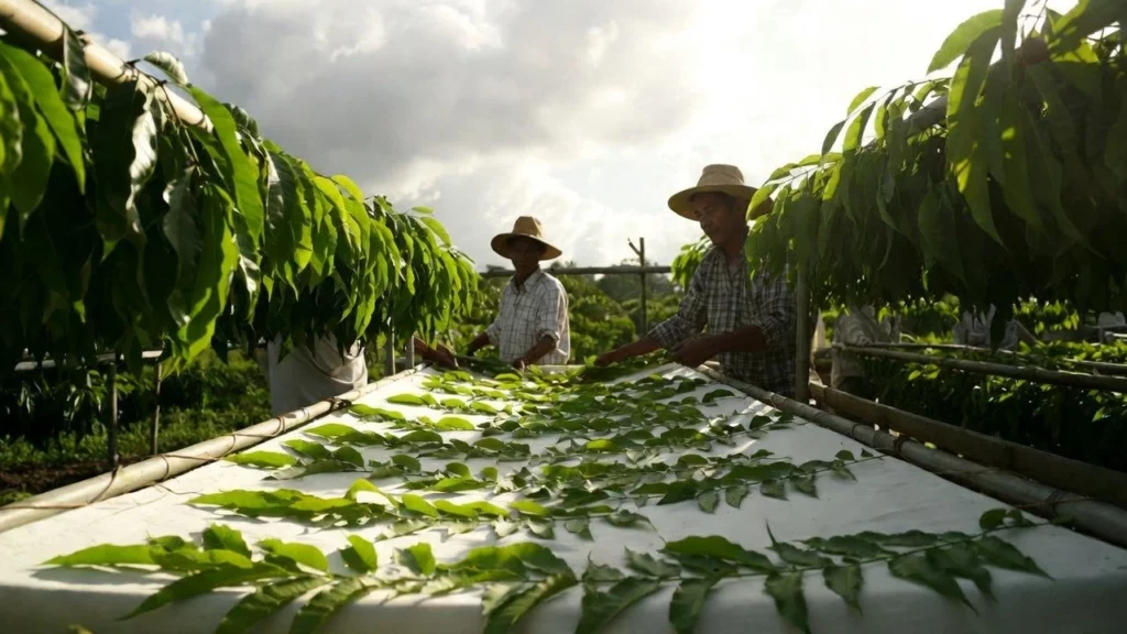 Kratom farmers in wide-brimmed hats arranging freshly harvested kratom leaves on elevated drying platforms under partial cloud cover