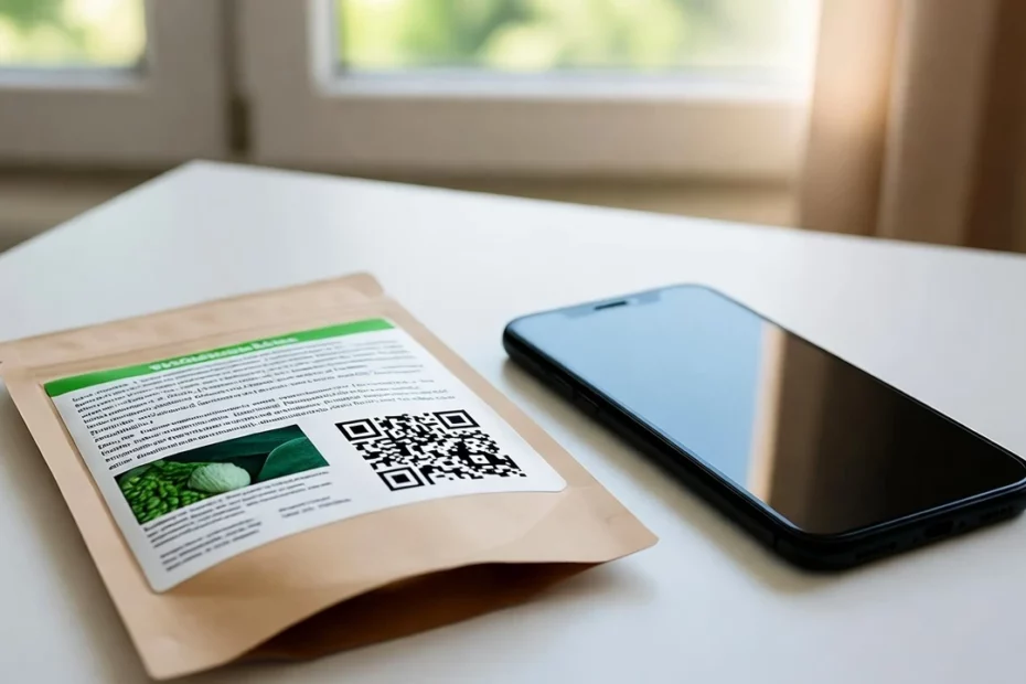 A kraft paper packet with kratom labels and QR code placed next to a black smartphone on a white table