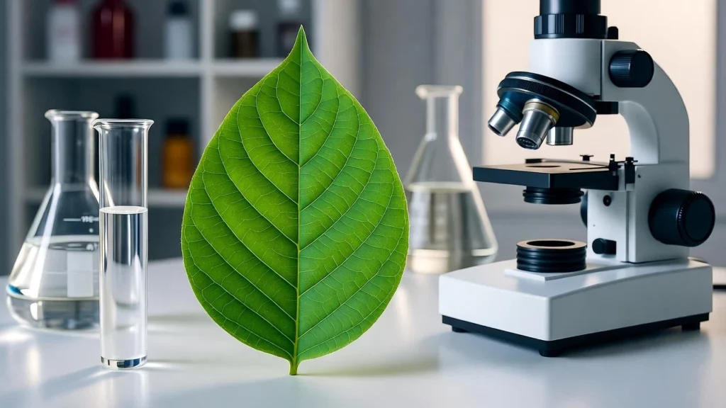 A green kratom leaf placed on a lab table beside a microscope, glass beakers, and a graduated cylinder filled with clear liquid