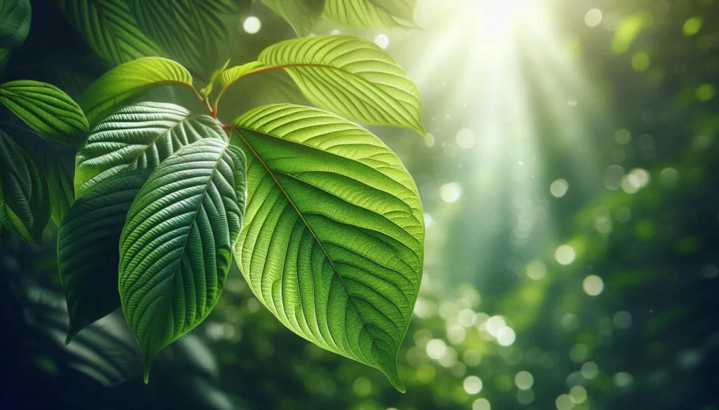 Large kratom leaf with intricate veins and reddish stem, surrounded by smaller leaves, bathed in soft sunlight