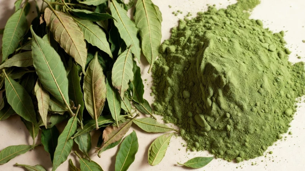 Pile of finely ground green kratom powder beside a collection of whole and crushed dried Mitragyna speciosa leaves