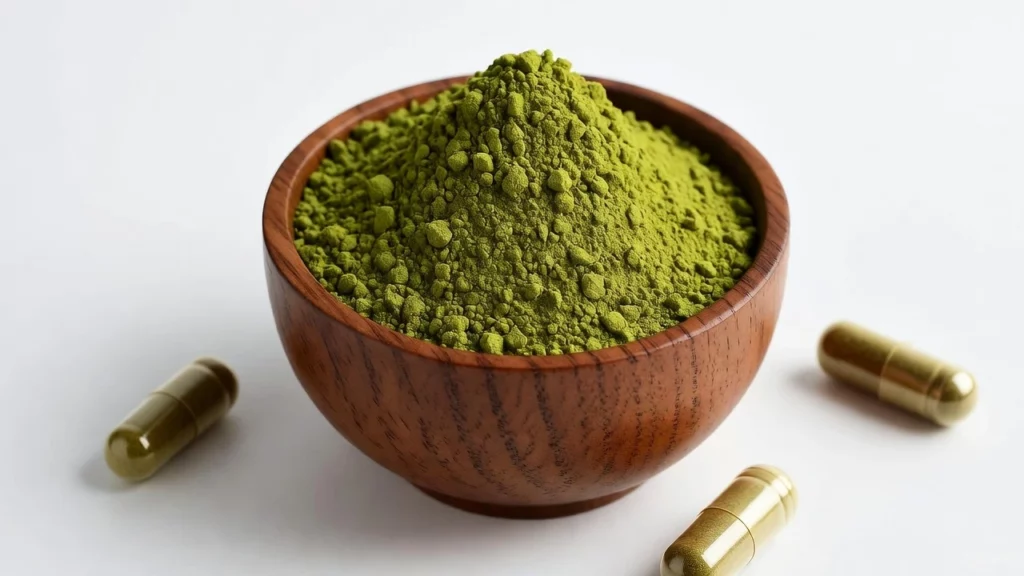 Wooden bowl filled with green kratom powder, accompanied by two capsules placed beside it on a white surface