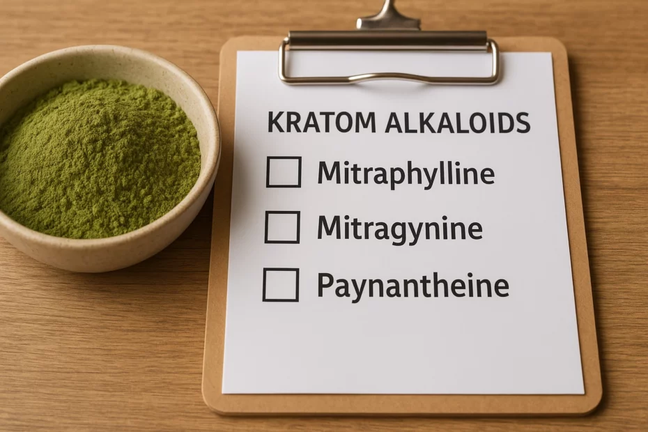 Green kratom powder bowl next to a clipboard checklist listing the primary alkaloids mitragynine, paynantheine and mitraphylline in kratom