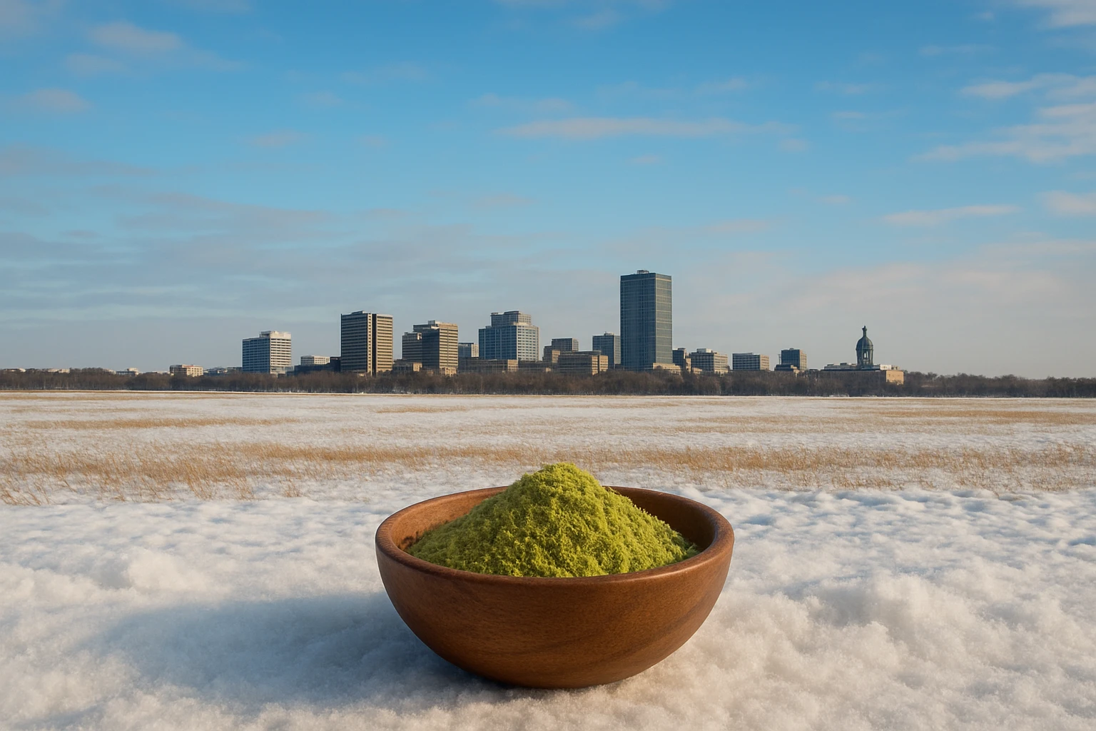 Kratom in Regina with a wooden bowl of kratom powder placed on snow-covered ground with the cities skyline and a frozen lake in background