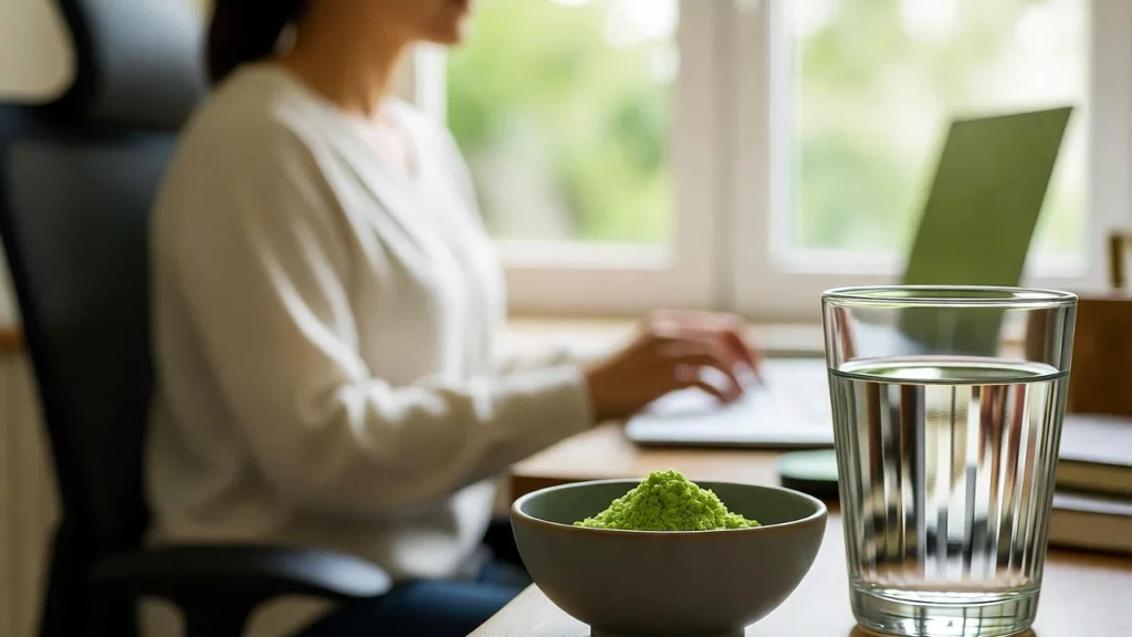 A bowl of green kratom powder and glass of water on a desk with a person typing on laptop