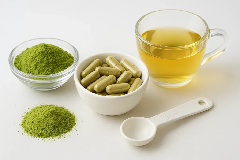 Green kratom powder capsules in a dish, accompanied by a cup of herbal tea and a measuring spoon