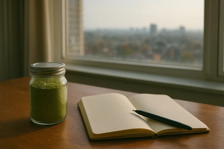 A glass jar of kratom powder and open notebook on a table, featuring a cityscape of the city through a window, highlighting kratom in Scarborough