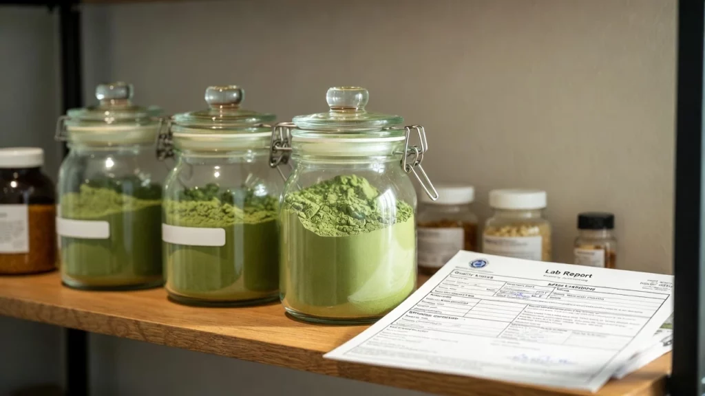 Three glass jars of green kratom powder placed on a wooden shelf beside a detailed lab report, with additional small bottles in the background