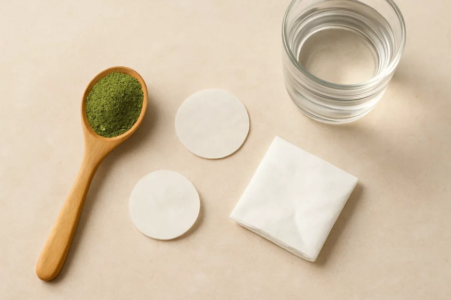 Options for parachuting kratom with a spoonful of kratom powder, two oblate disks, a tissue, and a glass of water on a beige surface