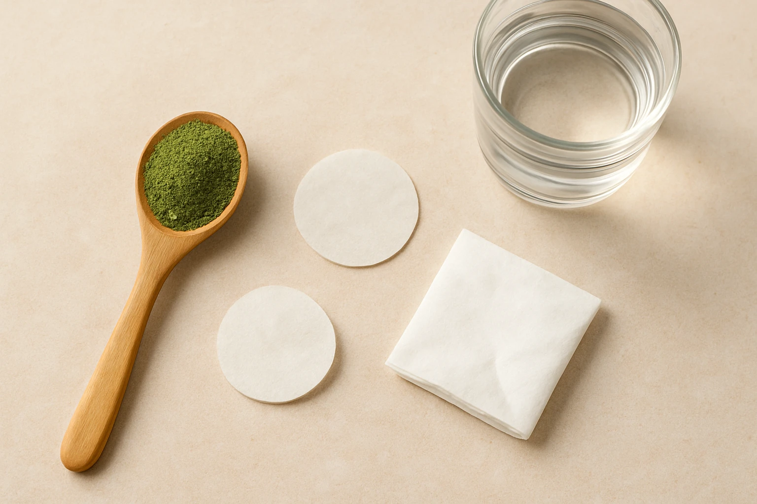 Options for parachuting kratom with a spoonful of kratom powder, two oblate disks, a tissue, and a glass of water on a beige surface