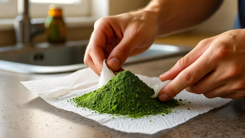 Hands holding tissue with green kratom powder on a kitchen counter, sink and bottle blurred in background