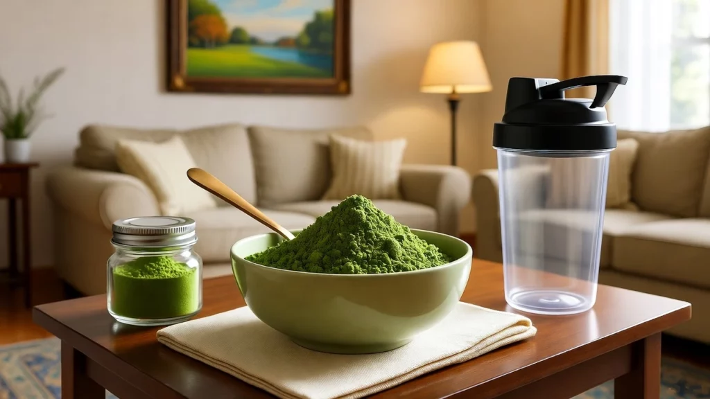 A bowl of green kratom powder with a wooden spoon, a glass jar, and a black-capped shaker bottle on a wooden table