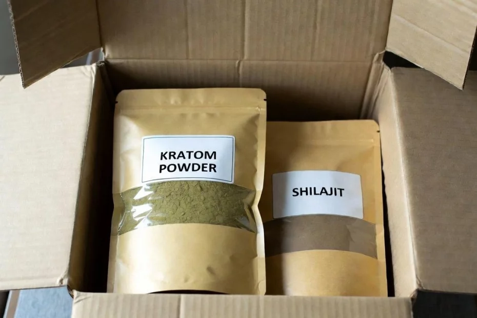 Open cardboard box containing resealable bags of kratom and shilajit resin powder