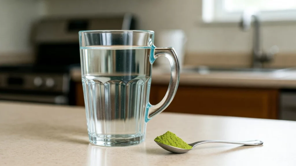 Clear glass mug filled with water placed on a kitchen counter beside a metal teaspoon holding a measured dose of kratom powder