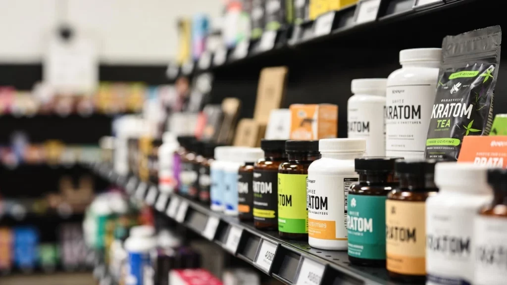 Retail shelf stocked with various kratom capsules, powders, and tea bags in colourful branded bottles and pouches