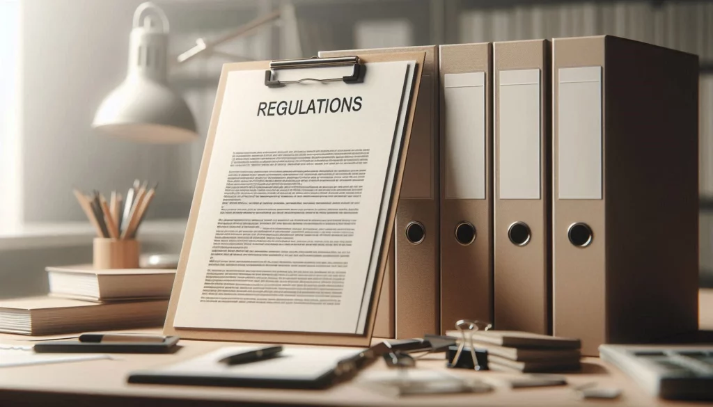Clipboard displaying document titled 'REGULATIONS' surrounded by legal binders on office desk