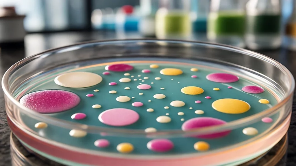 Colourful fungal and bacterial colonies in various shades of pink, yellow, and white growing on a petri dish in a lab