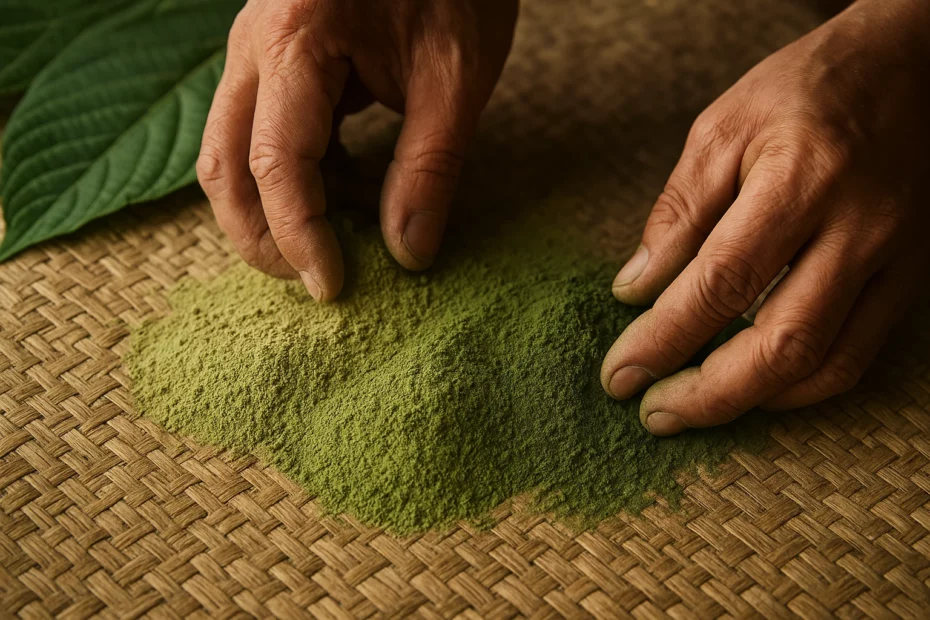 Mixing trainwreck kratom powder with red, white, and green vein varieties on a woven bamboo mat