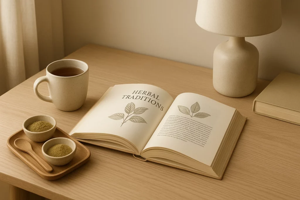 Open book titled Herbal Traditions with kratom in small bowls and herbal tea on a wooden table