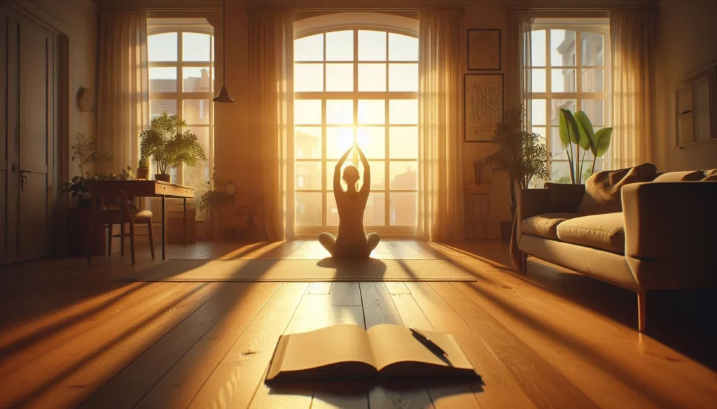 A woman in lotus pose with arms raised in a sunlit living room practicing morning yoga beside an open blank journal on the wooden floor