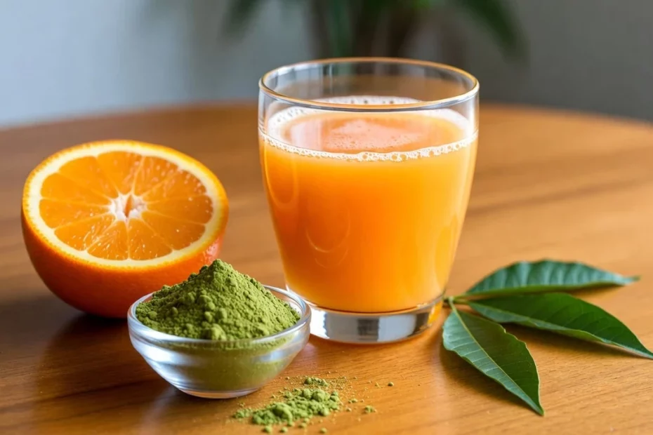 The combination of kratom and vitamin C with a glass of orange juice, half sliced orange and bowl of kratom powder on a table