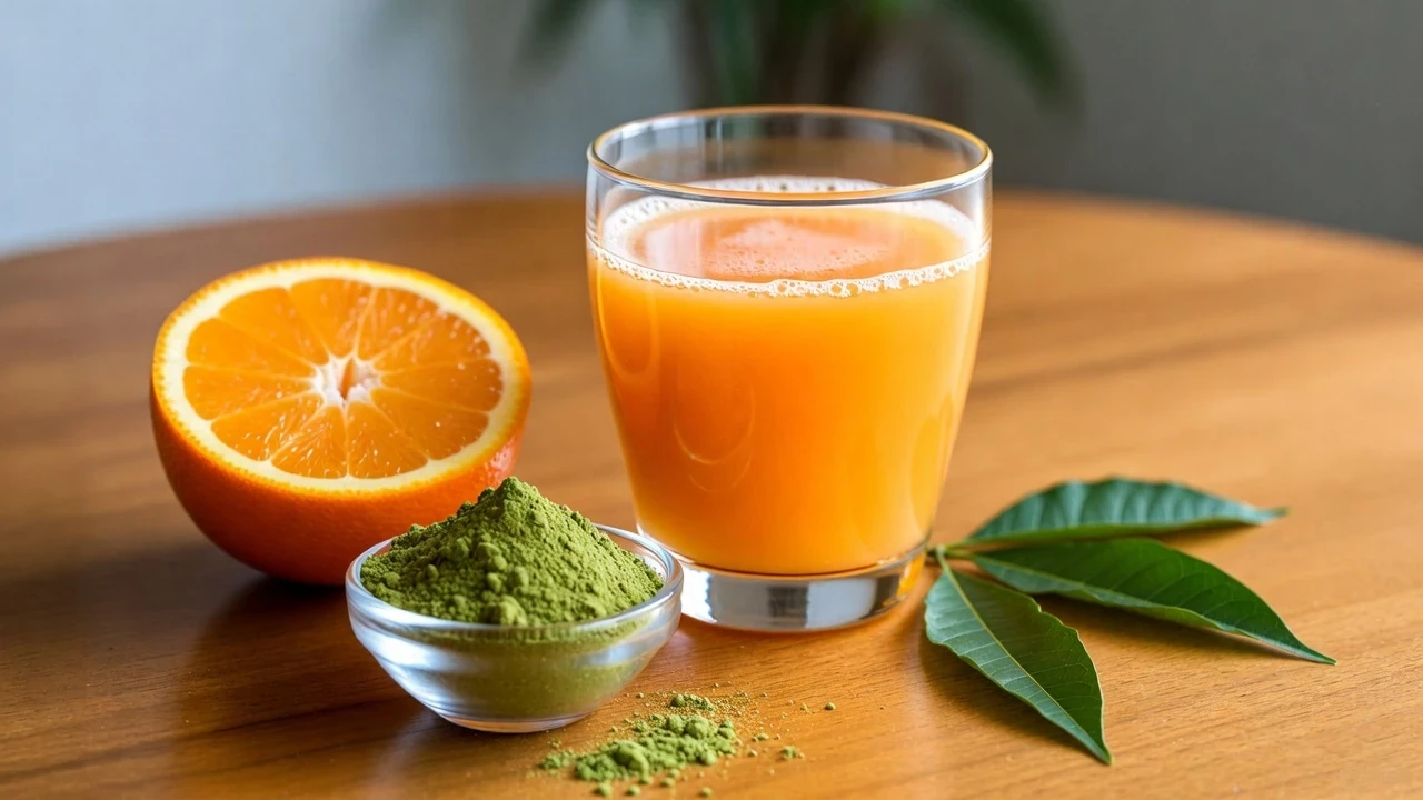 The combination of kratom and vitamin C with a glass of orange juice, half sliced orange and bowl of kratom powder on a table