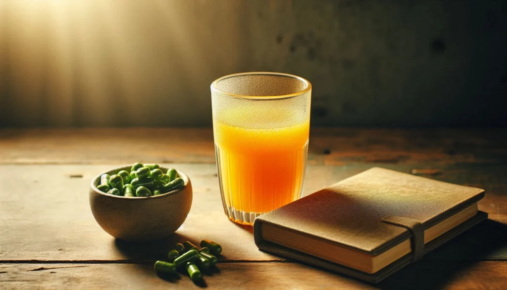 A glass of orange juice next to a wooden bowl of green kratom capsules and a closed book on a wooden table