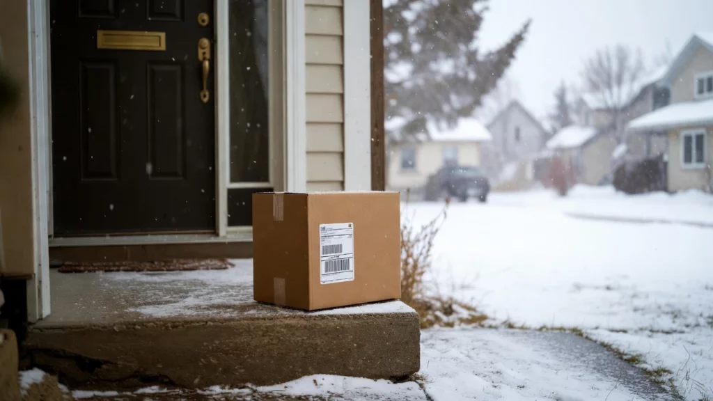 Cardboard shipping box with delivery label placed on snowy front doorstep of a Regina home