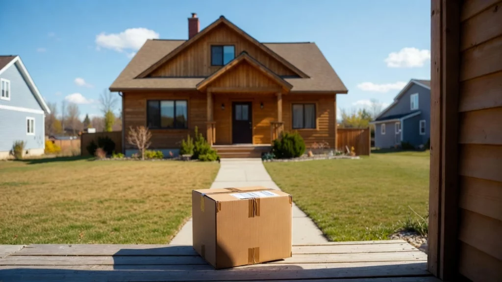 A cardboard package rests on a wooden porch across a house by a well-maintained lawn under a clear blue sky