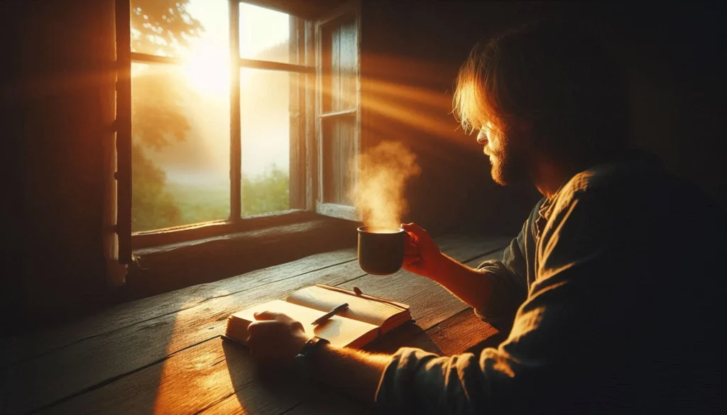 A person holding a cup of streaming tea in front of a notebook. He is in a room, staring out a window with sunlight coming in