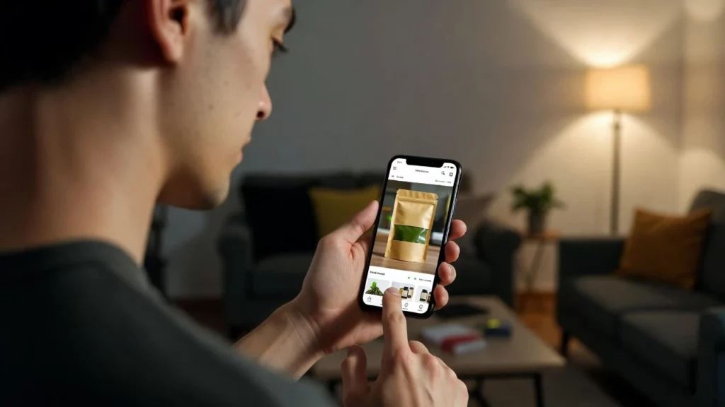 Man viewing kratom powder product listing on smartphone screen in a dimly lit living room