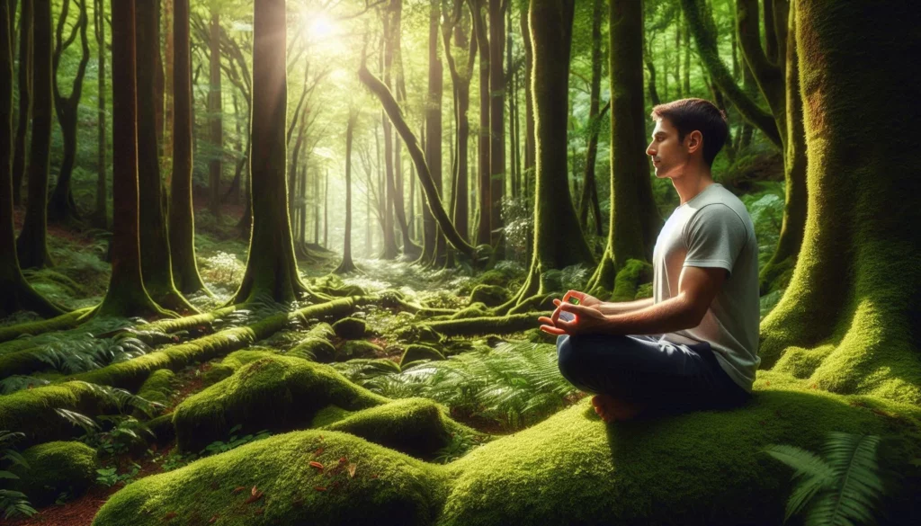 A person sits cross-legged on a moss-covered rock in a dense forest, surrounded by tall trees and soft sunlight