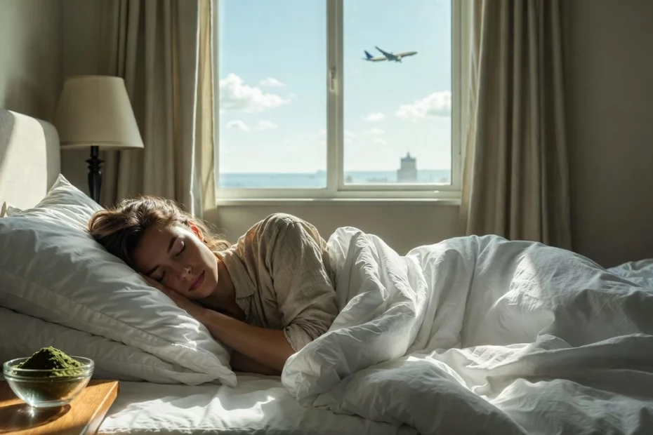 A tired person sleeps peacefully by a bowl of kratom powder with an airplane seen though the window, highlighting kratom and jet lag