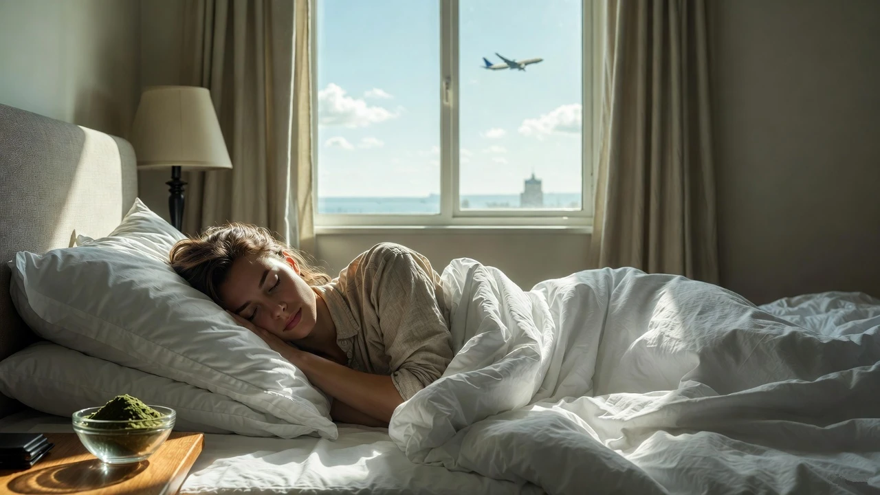 A tired person sleeps peacefully by a bowl of kratom powder with an airplane seen though the window, highlighting kratom and jet lag