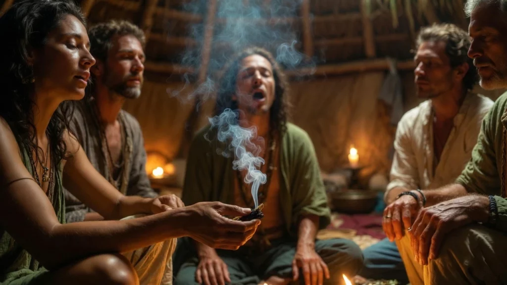 Shaman with long hair singing icaros in the center of a candlelit circle while a participant smudges the group with burning palo santo