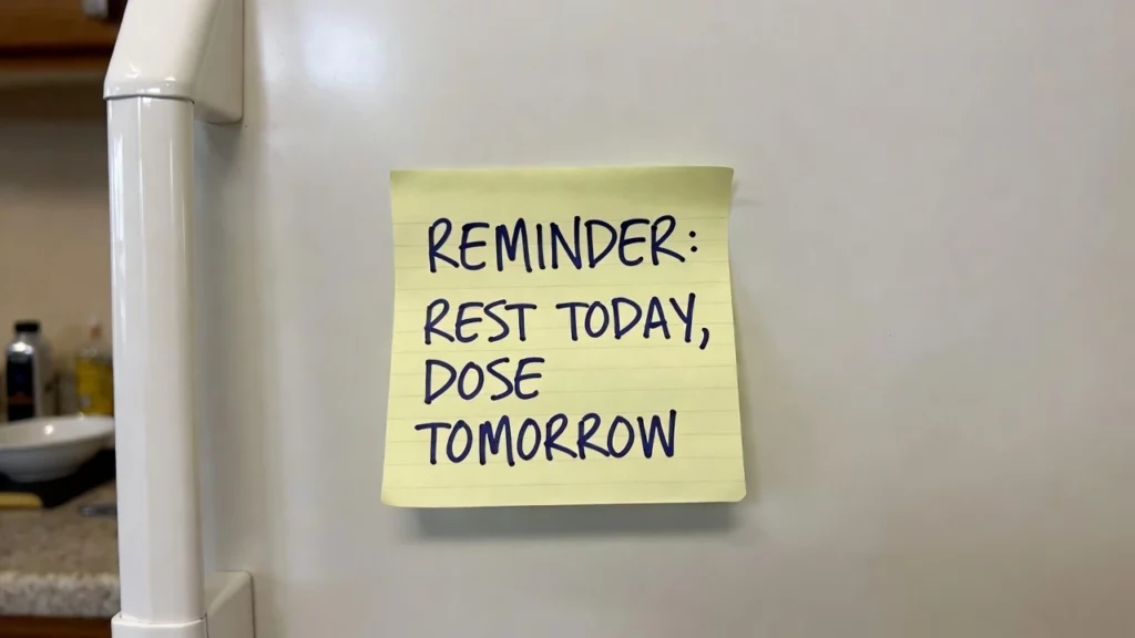 Yellow sticky note on a white refrigerator door reading "REMINDER: REST TODAY, DOSE TOMORROW"