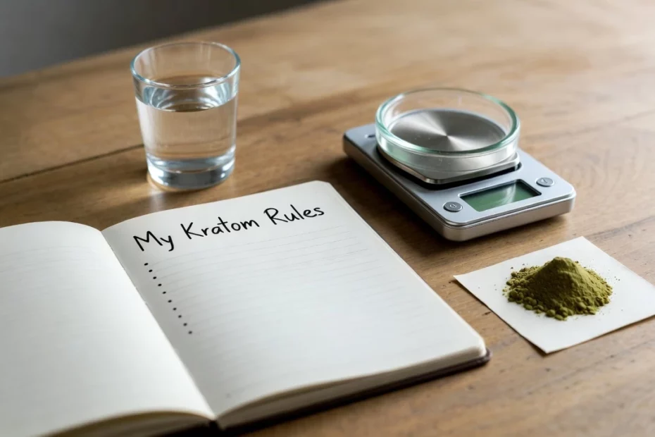 Open notebook titled "My Kratom Rules" for safe kratom use next to digital scale, pile of green kratom powder and glass of water all on a wooden table