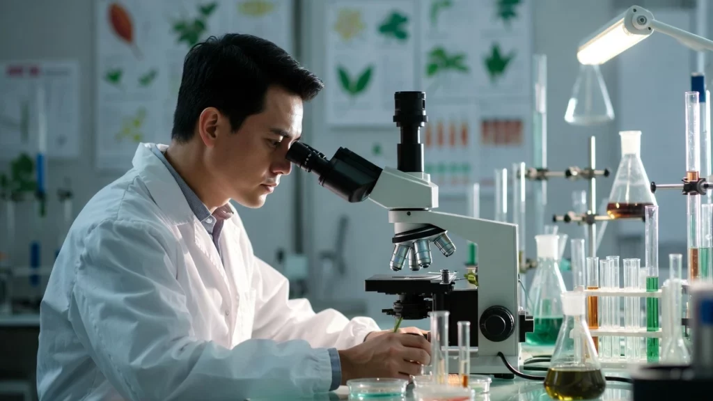 Scientist in white lab coat closely examining a plant sample under a compound microscope in a laboratory