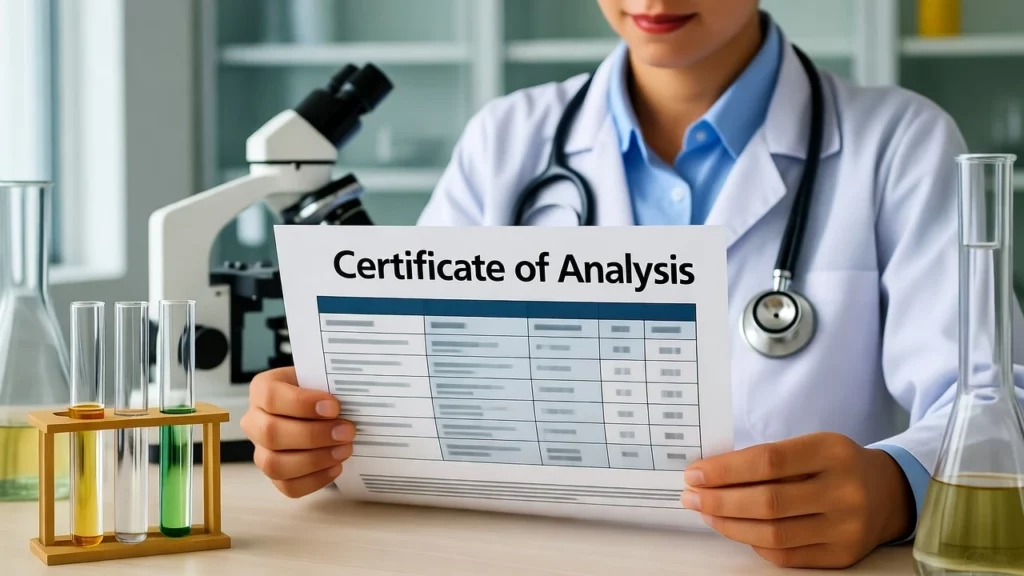 Scientist in a white coat holding a Certificate of Analysis document, with a microscope and test tubes in the background