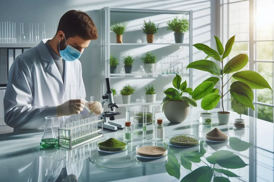 Scientist in a white lab coat and mask examining lab tested microbes, surrounded by green plants and lab equipment
