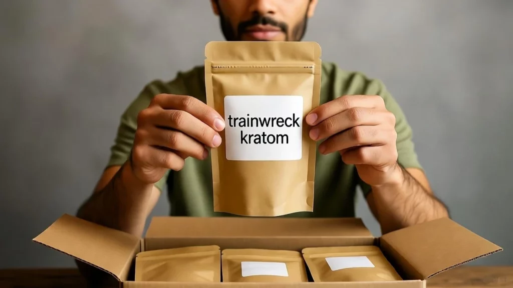 A person holding a sealed trainwreck kratom package atop an open box of more sealed packages