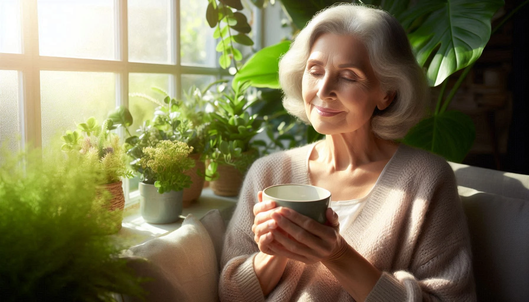 Kratom for seniors with an elderly lady holding a cup of kratom tea she drank in a room full of plants