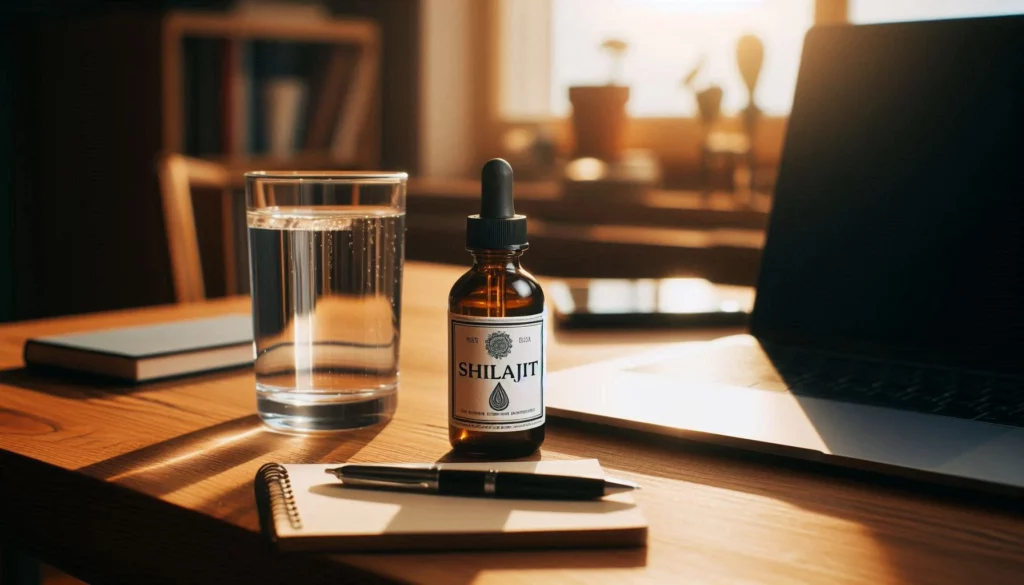 Pure shilajit resin tincture in dropper bottle next to a glass of water on wooden desk with laptop and notebook