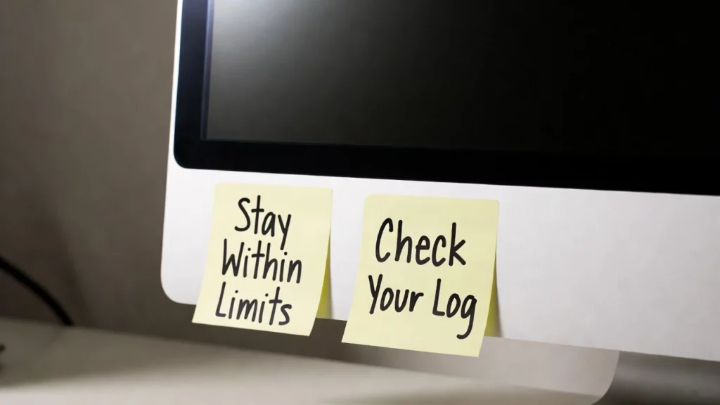 Two yellow sticky notes on a computer monitor reading "Stay Within Limits" and "Check Your Log" in black handwritten text