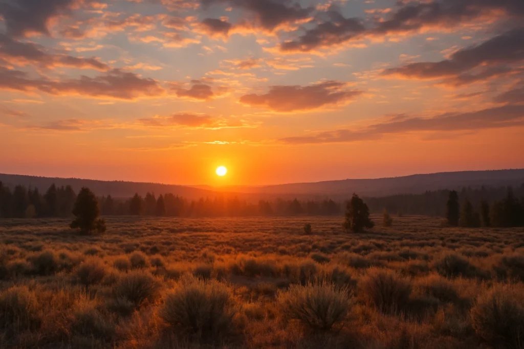 Golden sunrise over a vast plain with scattered shrubs and distant forested hills under a sky with scattered clouds