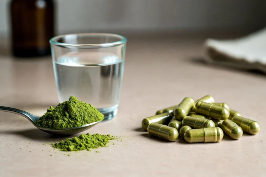 Toss and wash vs kratom capsules with a heaped spoonful of kratom powder next to capsules and glass of water