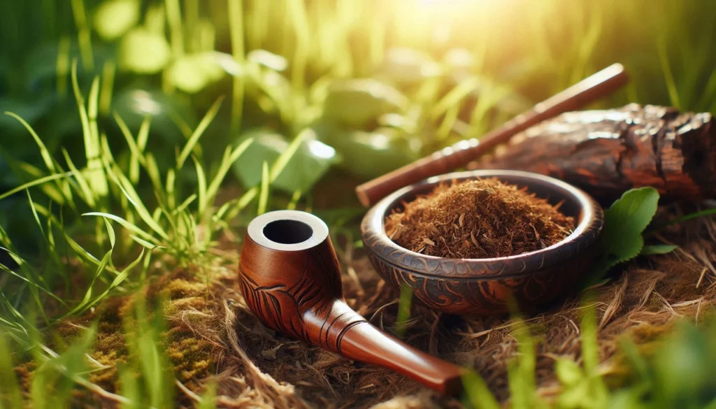 A wooden pipe and carved bowl filled with loose tobacco resting on mossy ground outdoors